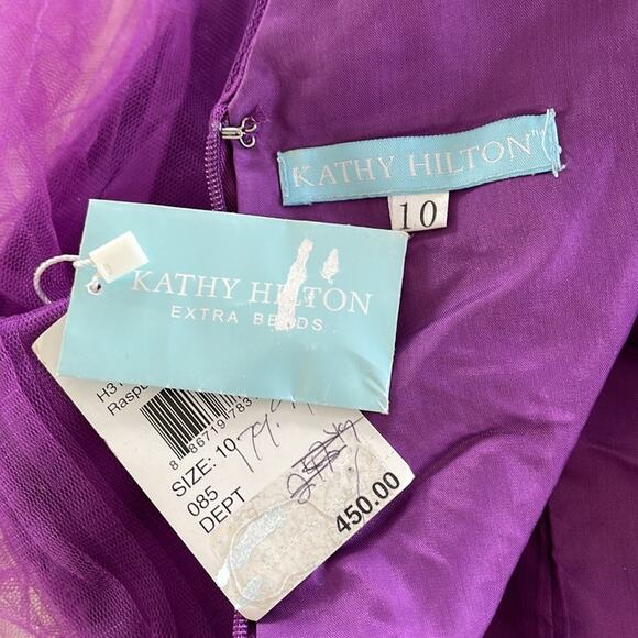 KATHY HILTON Raspberry Fit & Flare Mesh Dress Beads Embellished Shoulder Size 10 - Picture 13 of 14
